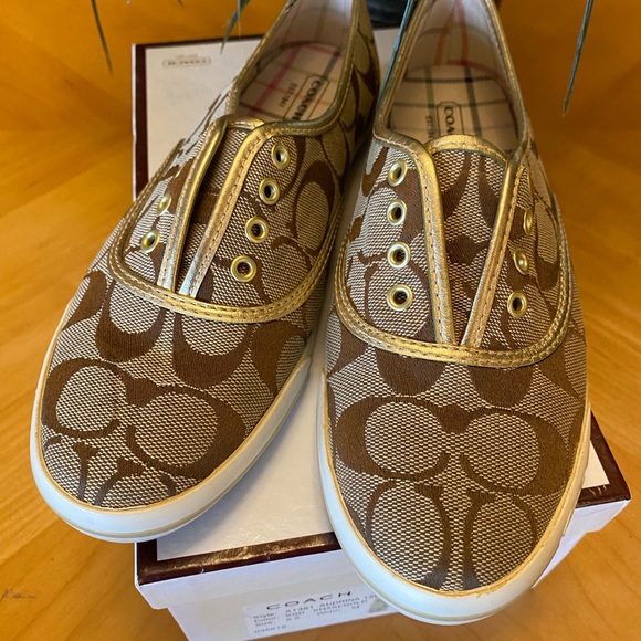 COACH Audrina sneakers, khaki & gold size 5.5 brand new in the box - Picture 3 of 7
